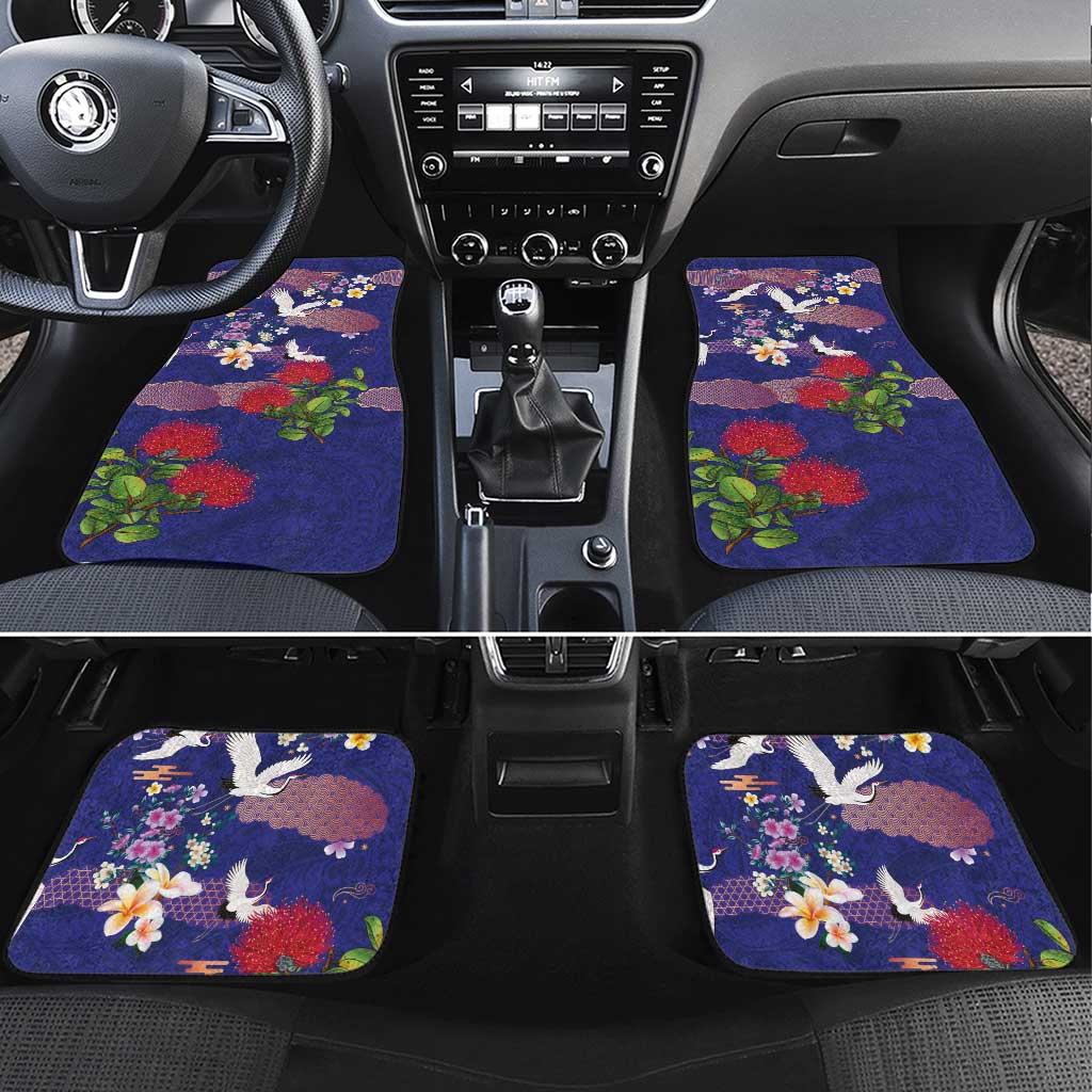 Hawaiian and Japanese Culture Together Car Mats Blue Ohia Lehua Plumeria and Sakura Blooming - Polynesian Pride