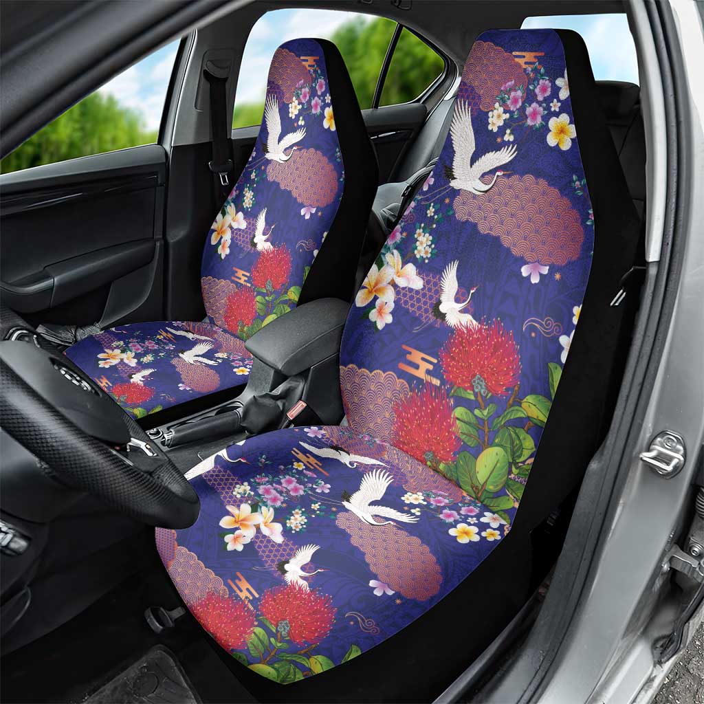 Hawaiian and Japanese Culture Together Car Seat Cover Blue Ohia Lehua Plumeria and Sakura Blooming - Polynesian Pride