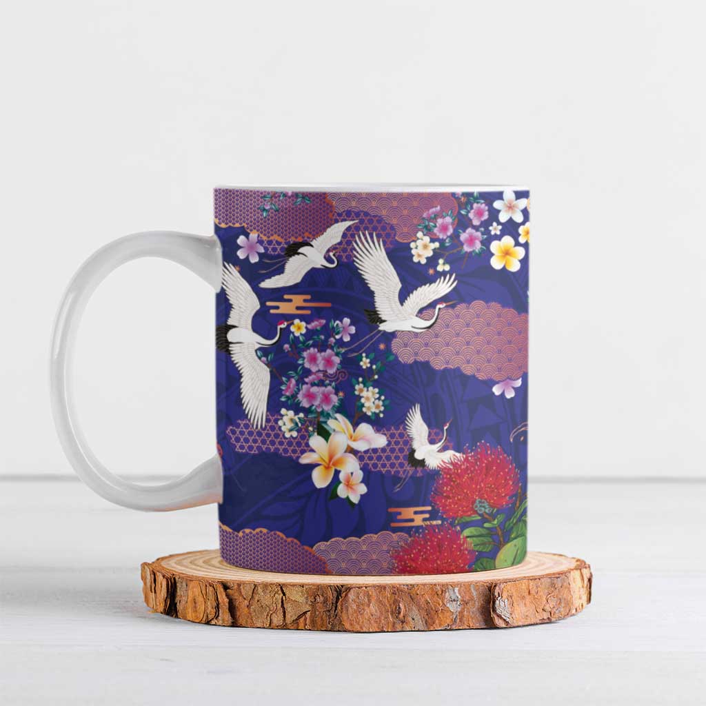 Hawaiian and Japanese Culture Together Ceramic Mug Blue Ohia Lehua Plumeria and Sakura Blooming - Polynesian Pride
