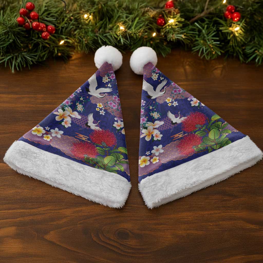 Hawaiian and Japanese Culture Together Christmas Santa Hat Blue Ohia Lehua Plumeria and Sakura Blooming - Polynesian Pride