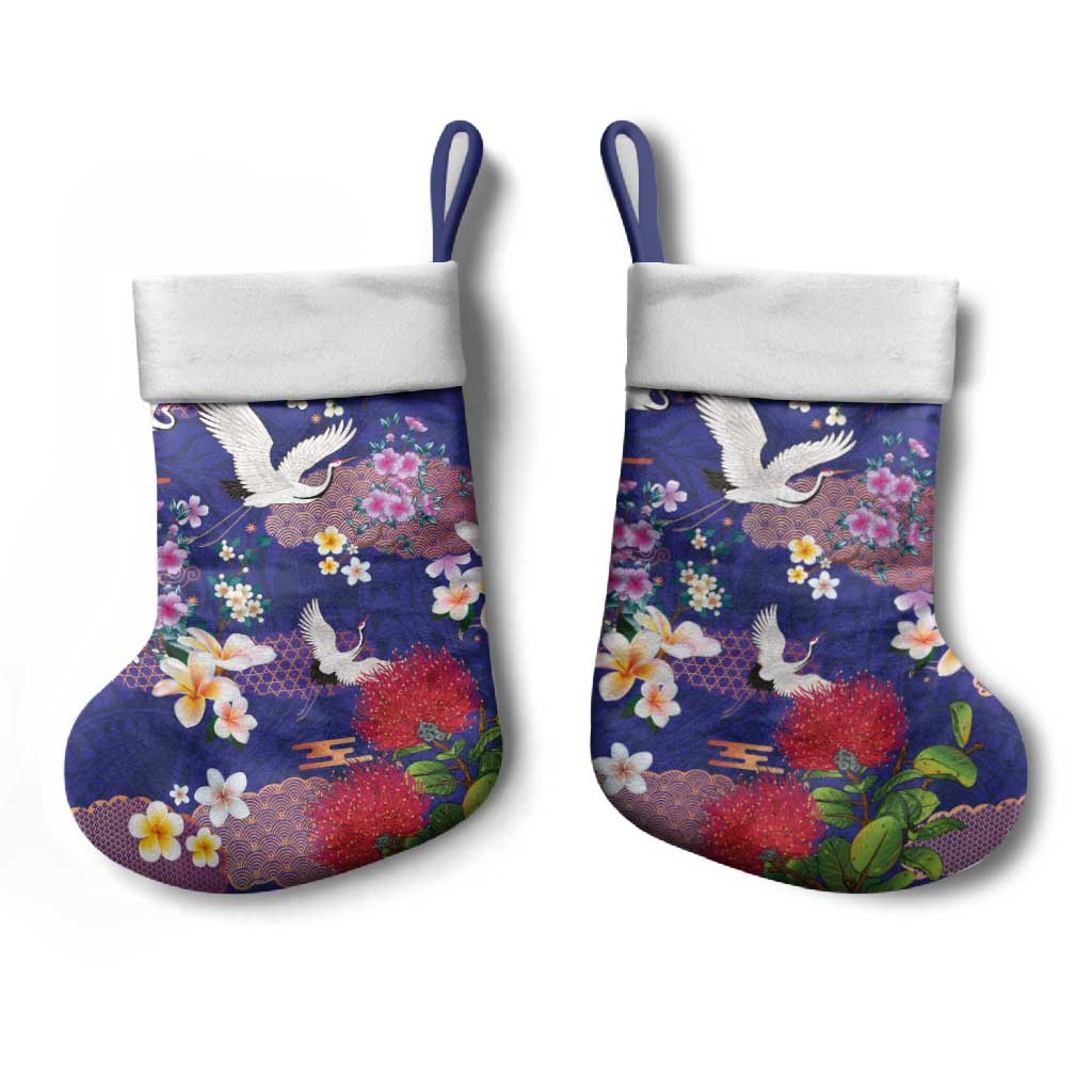 Hawaiian and Japanese Culture Together Christmas Stocking Blue Ohia Lehua Plumeria and Sakura Blooming - Polynesian Pride