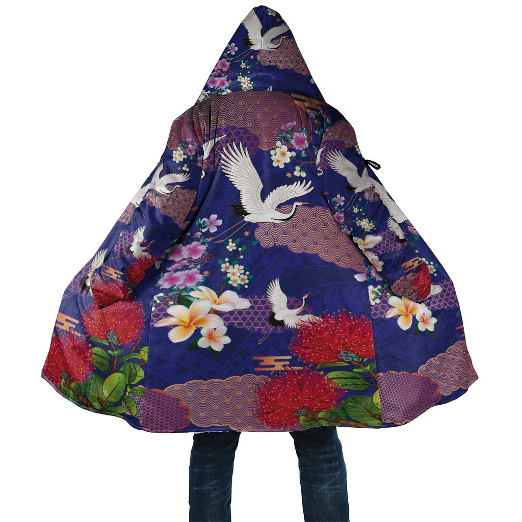 Hawaiian and Japanese Culture Together Cloak Blue Ohia Lehua Plumeria and Sakura Blooming - Polynesian Pride