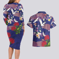 Hawaiian and Japanese Culture Together Couples Matching Long Sleeve Bodycon Dress and Hawaiian Shirt Blue Ohia Lehua Plumeria and Sakura Blooming - Polynesian Pride