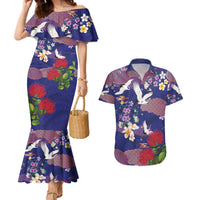 Hawaiian and Japanese Culture Together Couples Matching Mermaid Dress and Hawaiian Shirt Blue Ohia Lehua Plumeria and Sakura Blooming - Polynesian Pride
