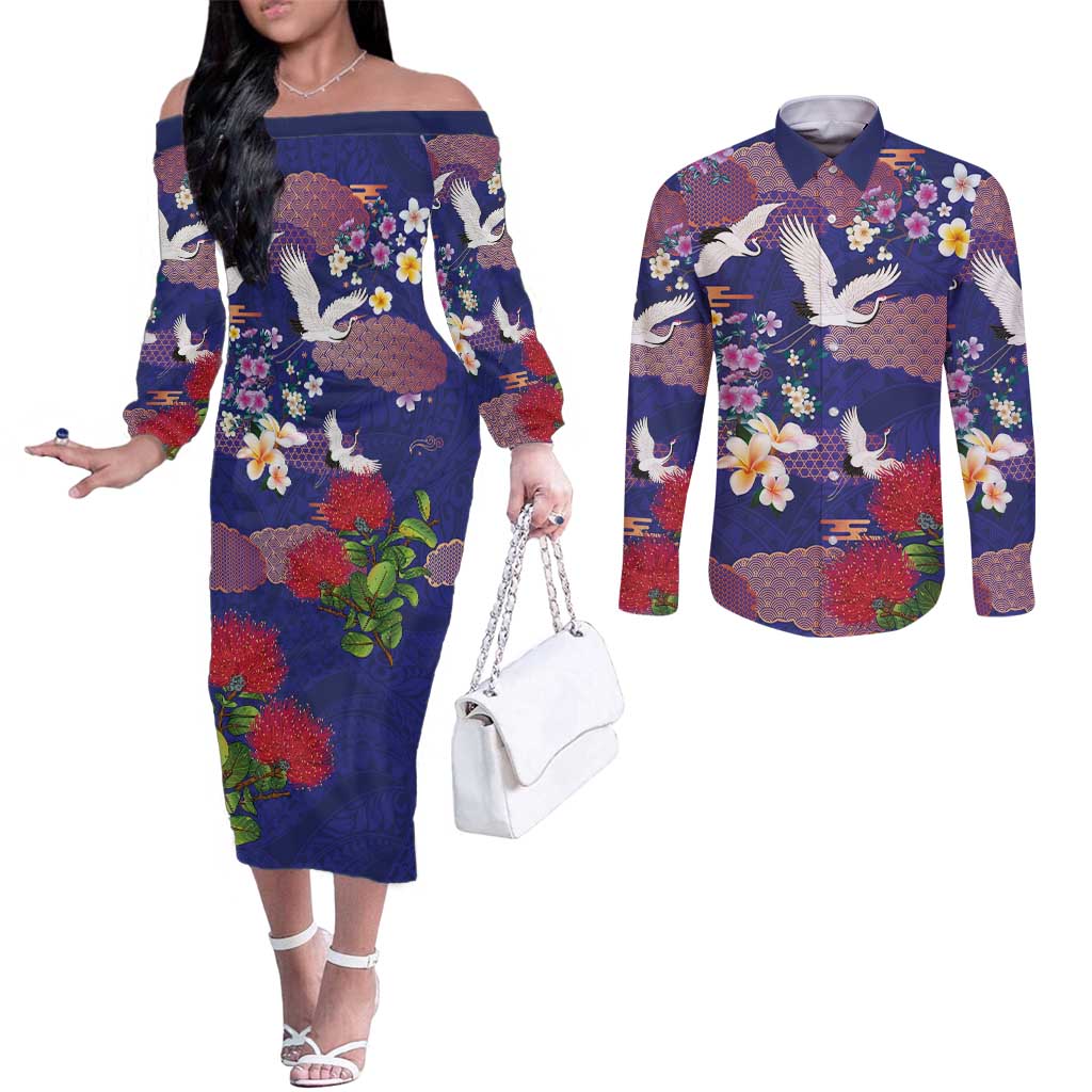 Hawaiian and Japanese Culture Together Couples Matching Off The Shoulder Long Sleeve Dress and Long Sleeve Button Shirt Blue Ohia Lehua Plumeria and Sakura Blooming - Polynesian Pride