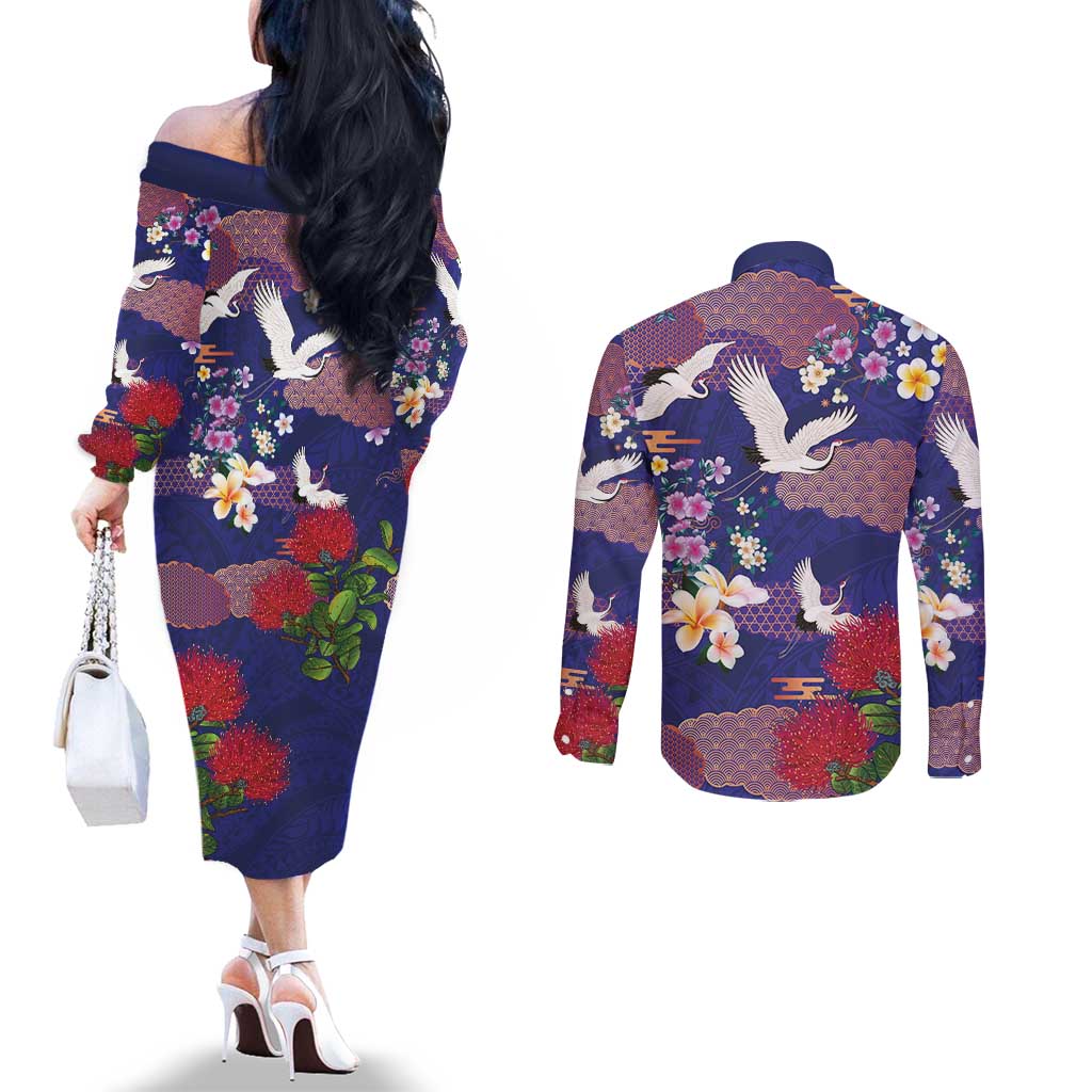 Hawaiian and Japanese Culture Together Couples Matching Off The Shoulder Long Sleeve Dress and Long Sleeve Button Shirt Blue Ohia Lehua Plumeria and Sakura Blooming - Polynesian Pride