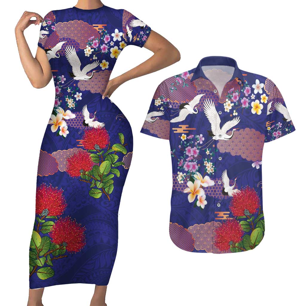 Hawaiian and Japanese Culture Together Couples Matching Short Sleeve Bodycon Dress and Hawaiian Shirt Blue Ohia Lehua Plumeria and Sakura Blooming - Polynesian Pride