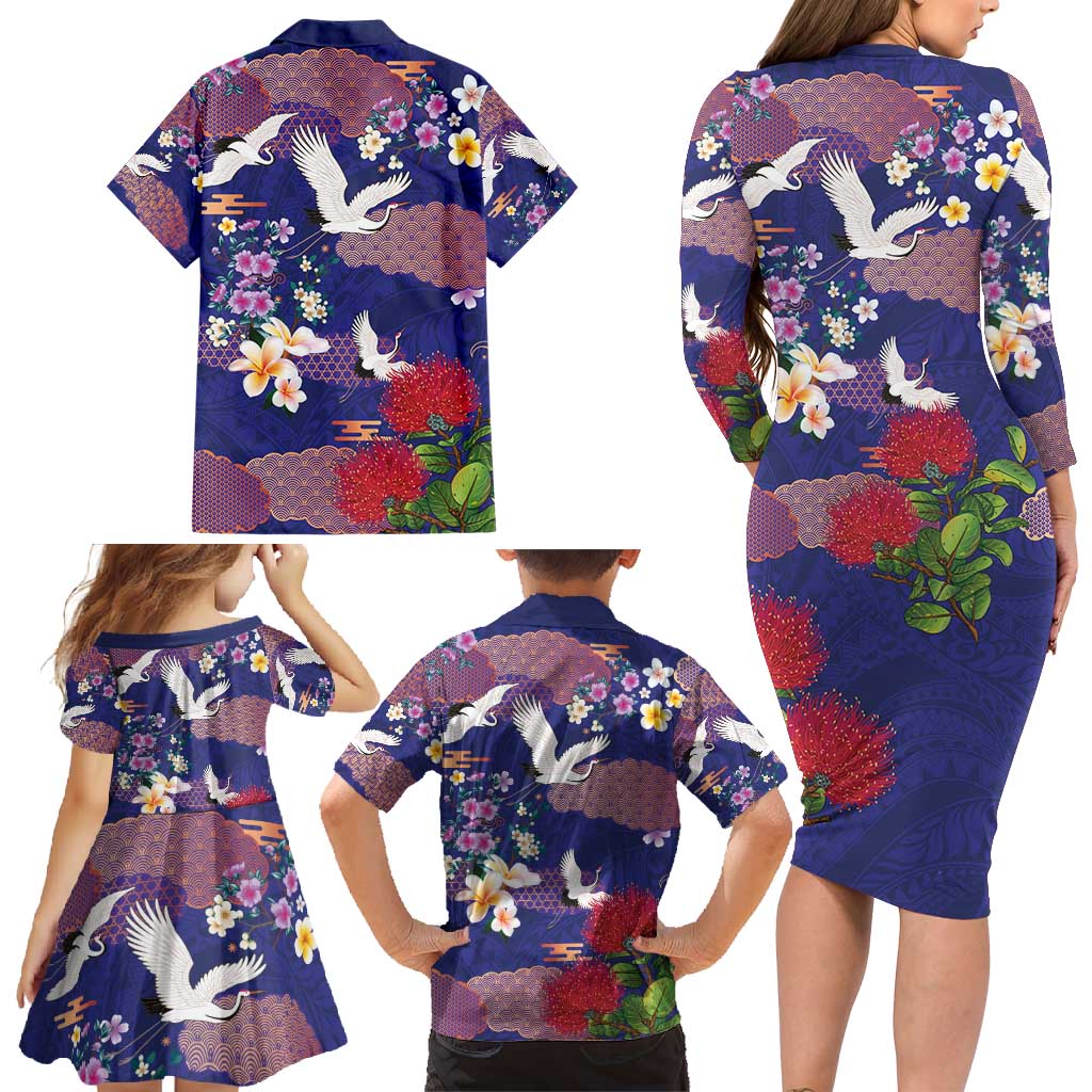Hawaiian and Japanese Culture Together Family Matching Long Sleeve Bodycon Dress and Hawaiian Shirt Blue Ohia Lehua Plumeria and Sakura Blooming - Polynesian Pride