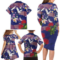 Hawaiian and Japanese Culture Together Family Matching Long Sleeve Bodycon Dress and Hawaiian Shirt Blue Ohia Lehua Plumeria and Sakura Blooming - Polynesian Pride