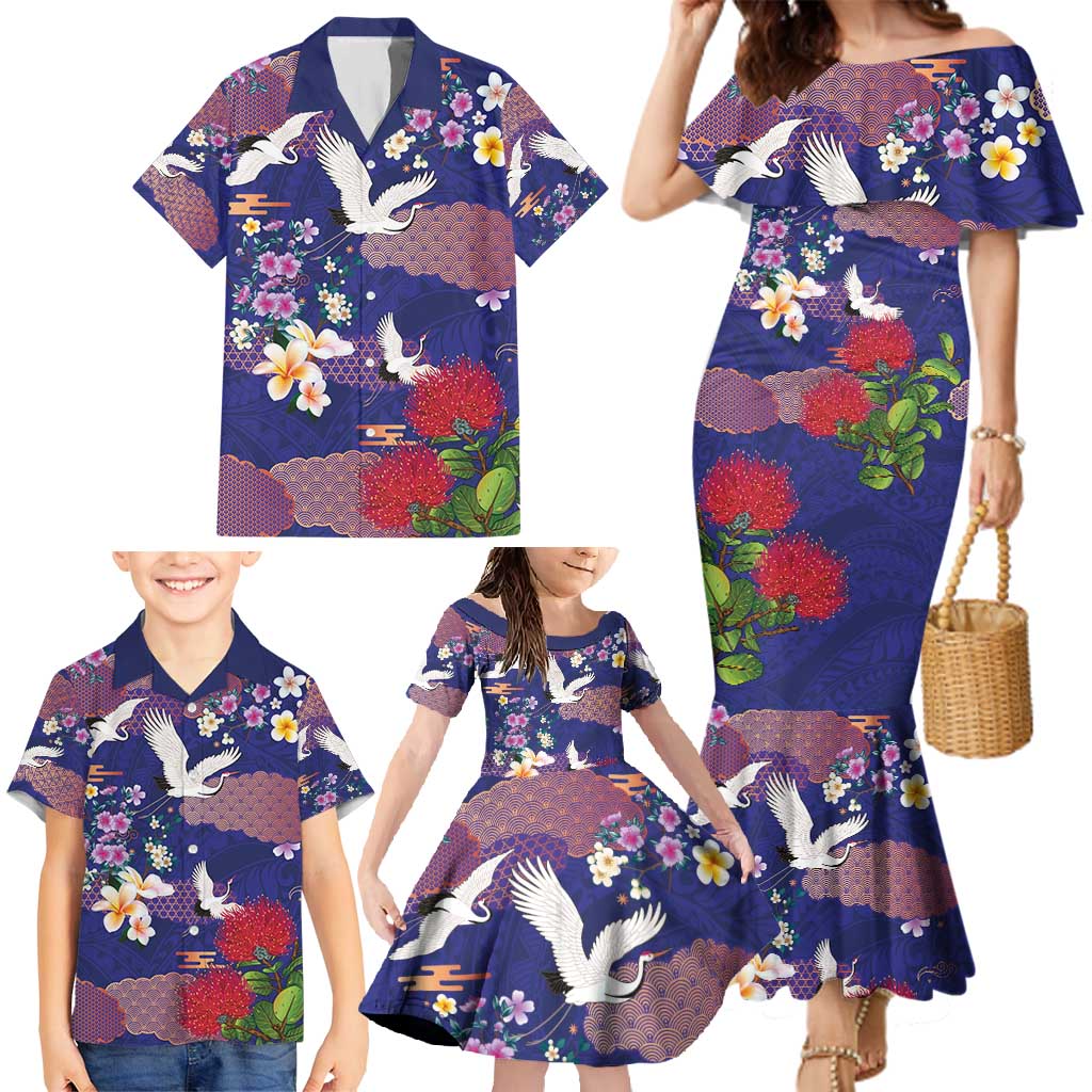Hawaiian and Japanese Culture Together Family Matching Mermaid Dress and Hawaiian Shirt Blue Ohia Lehua Plumeria and Sakura Blooming - Polynesian Pride