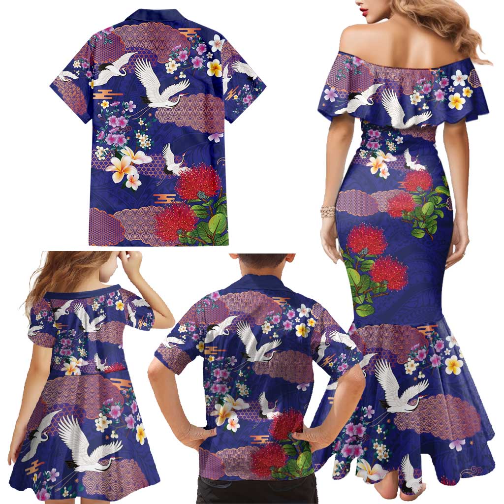 Hawaiian and Japanese Culture Together Family Matching Mermaid Dress and Hawaiian Shirt Blue Ohia Lehua Plumeria and Sakura Blooming - Polynesian Pride