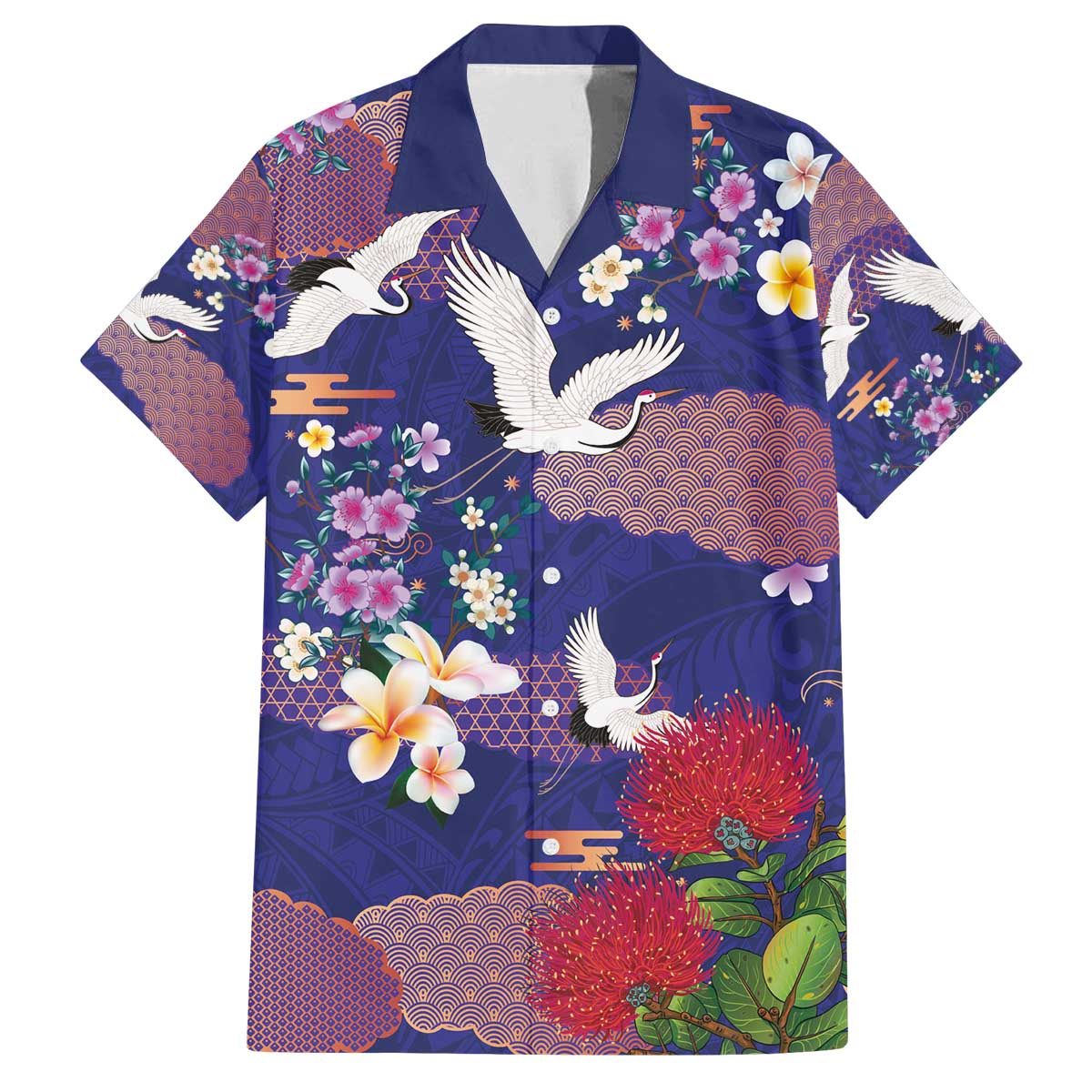 Hawaiian and Japanese Culture Together Family Matching Off The Shoulder Long Sleeve Dress and Hawaiian Shirt Blue Ohia Lehua Plumeria and Sakura Blooming - Polynesian Pride