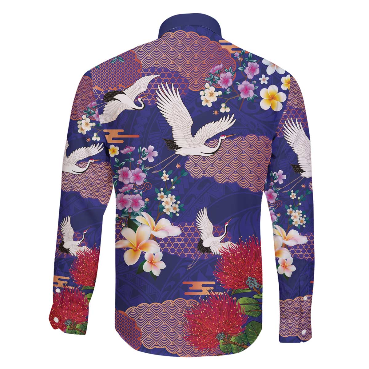 Hawaiian and Japanese Culture Together Family Matching Off The Shoulder Long Sleeve Dress and Hawaiian Shirt Blue Ohia Lehua Plumeria and Sakura Blooming - Polynesian Pride