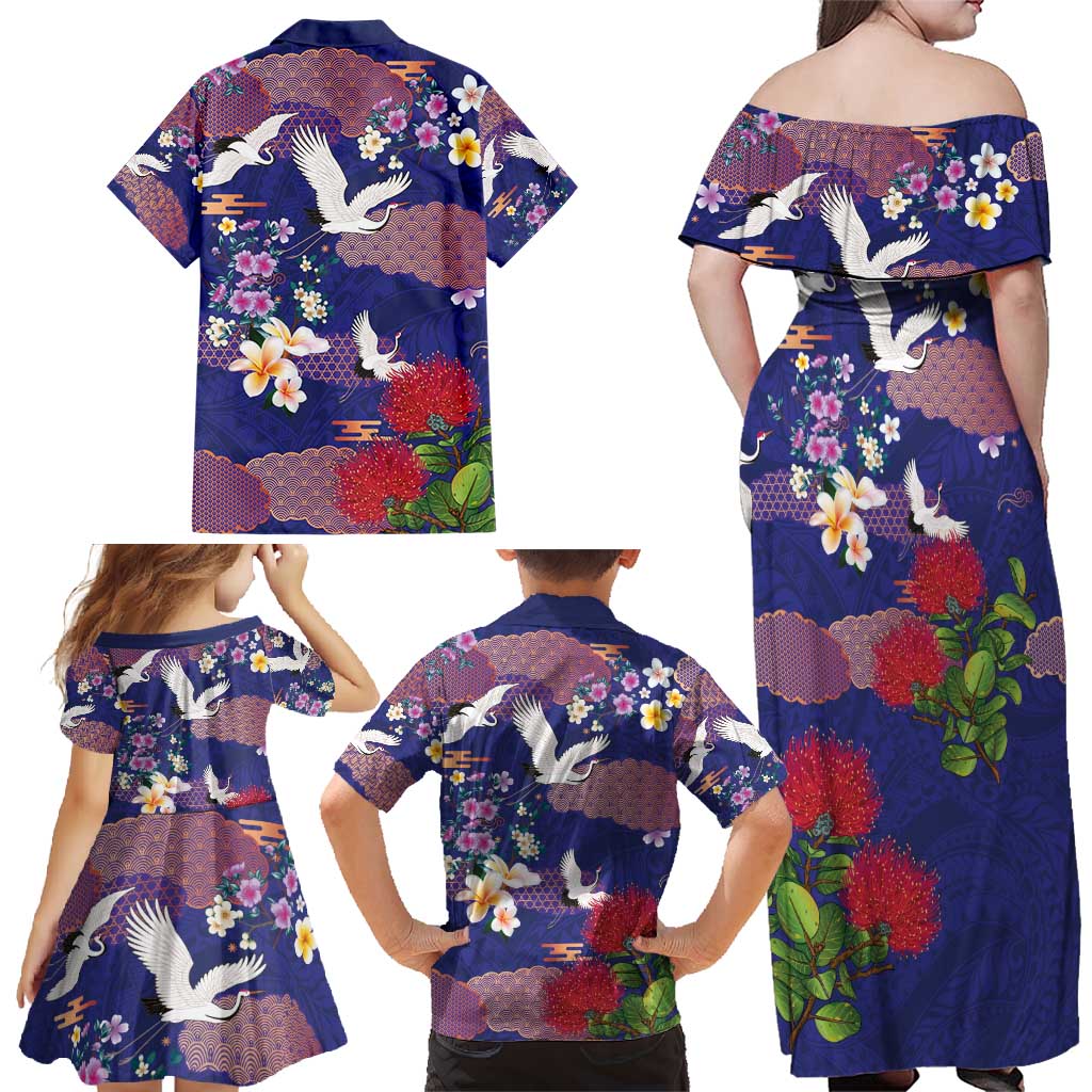 Hawaiian and Japanese Culture Together Family Matching Off Shoulder Maxi Dress and Hawaiian Shirt Blue Ohia Lehua Plumeria and Sakura Blooming - Polynesian Pride