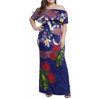 Hawaiian and Japanese Culture Together Family Matching Off Shoulder Maxi Dress and Hawaiian Shirt Blue Ohia Lehua Plumeria and Sakura Blooming - Polynesian Pride