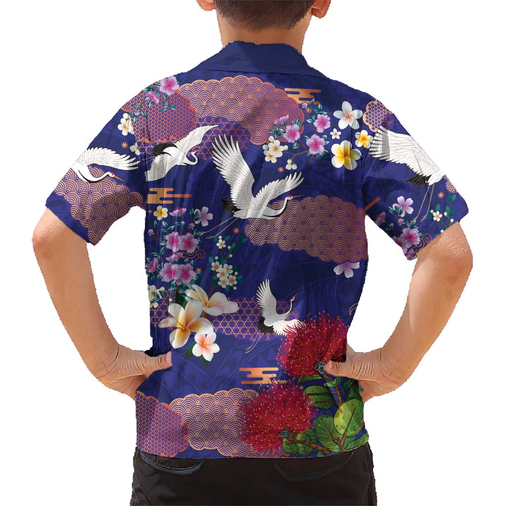 Hawaiian and Japanese Culture Together Family Matching Puletasi and Hawaiian Shirt Blue Ohia Lehua Plumeria and Sakura Blooming LT03 - Polynesian Pride
