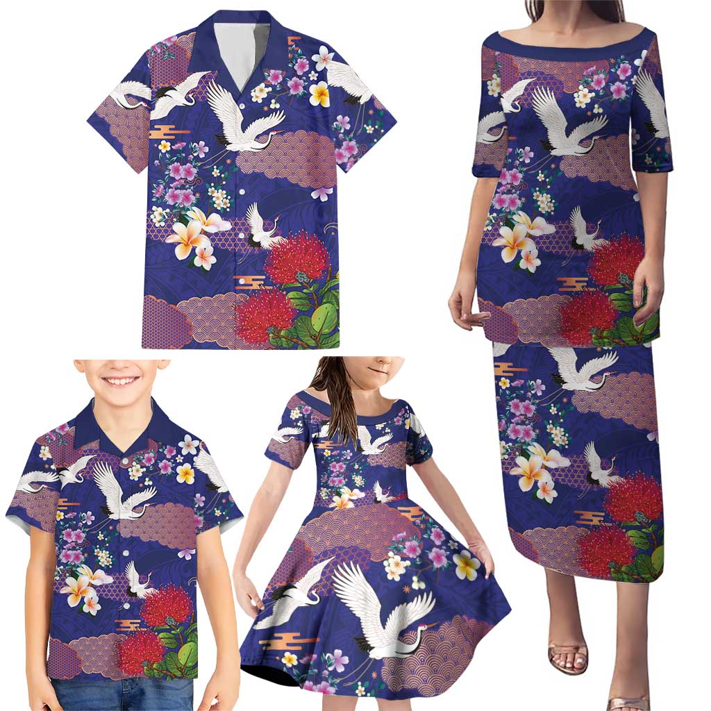 Hawaiian and Japanese Culture Together Family Matching Puletasi and Hawaiian Shirt Blue Ohia Lehua Plumeria and Sakura Blooming LT03 - Polynesian Pride