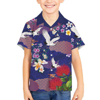 Hawaiian and Japanese Culture Together Family Matching Puletasi and Hawaiian Shirt Blue Ohia Lehua Plumeria and Sakura Blooming LT03 Son's Shirt Blue - Polynesian Pride