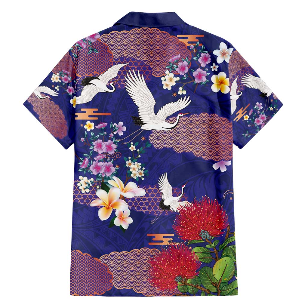 Hawaiian and Japanese Culture Together Family Matching Summer Maxi Dress and Hawaiian Shirt Blue Ohia Lehua Plumeria and Sakura Blooming - Polynesian Pride