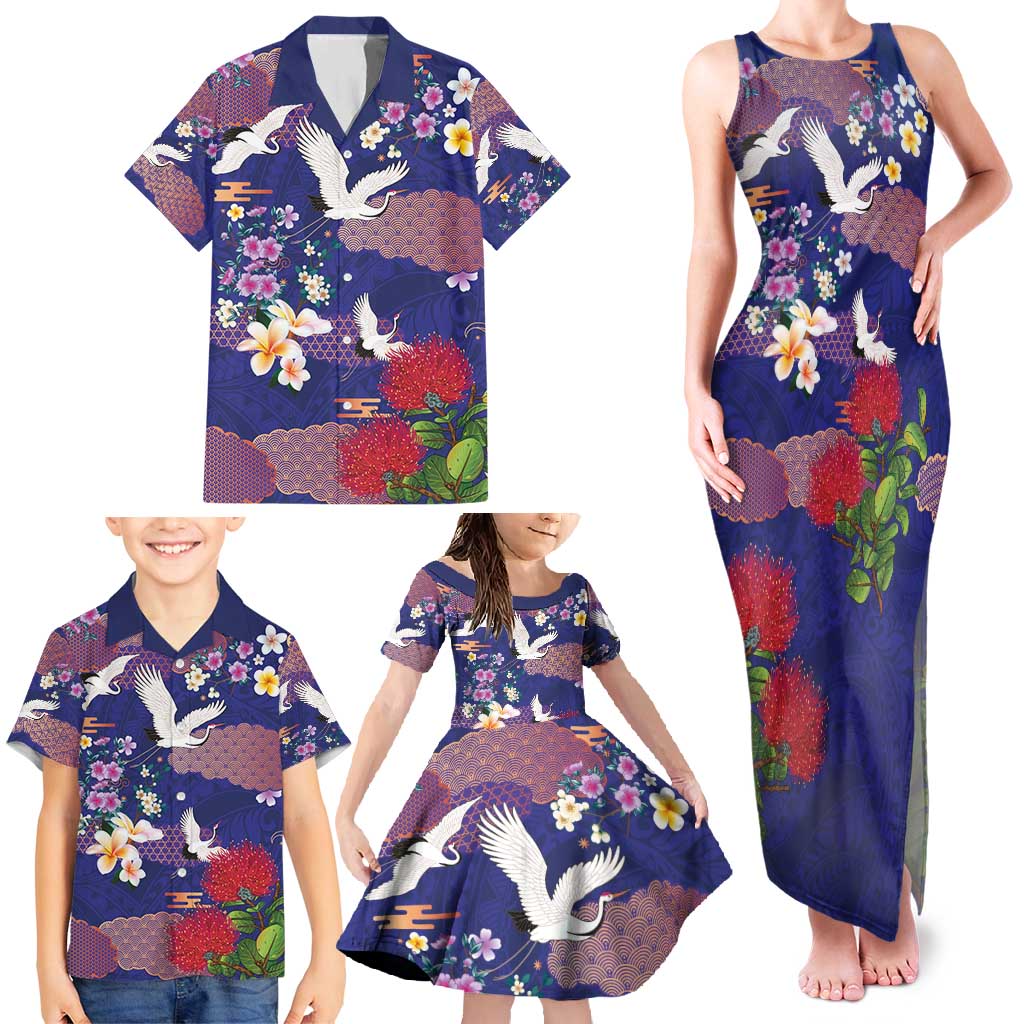 Hawaiian and Japanese Culture Together Family Matching Tank Maxi Dress and Hawaiian Shirt Blue Ohia Lehua Plumeria and Sakura Blooming - Polynesian Pride