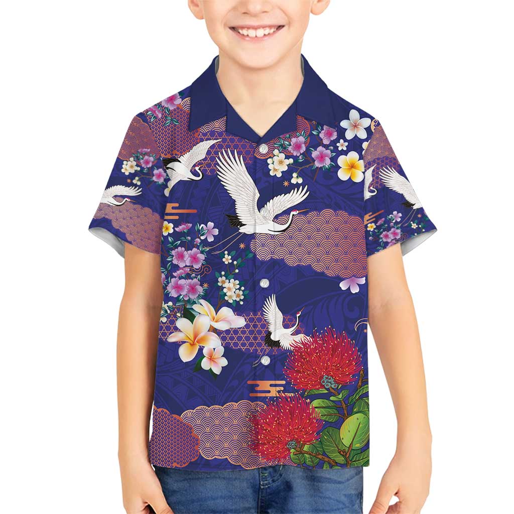 Hawaiian and Japanese Culture Together Family Matching Tank Maxi Dress and Hawaiian Shirt Blue Ohia Lehua Plumeria and Sakura Blooming - Polynesian Pride
