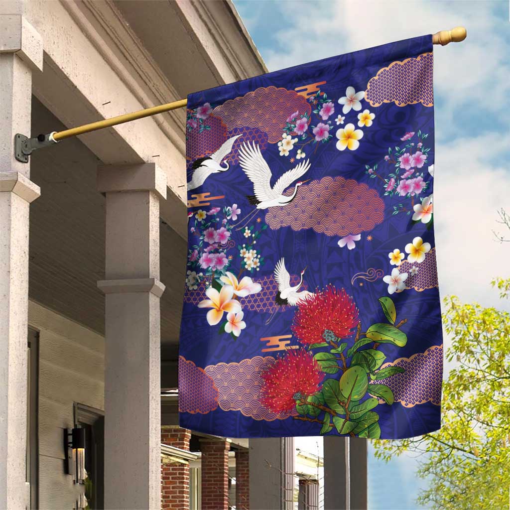 Hawaiian and Japanese Culture Together Garden Flag Blue Ohia Lehua Plumeria and Sakura Blooming - Polynesian Pride