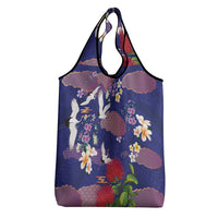 Hawaiian and Japanese Culture Together Grocery Bag Blue Ohia Lehua Plumeria and Sakura Blooming - Polynesian Pride