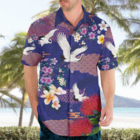 Hawaiian and Japanese Culture Together Hawaiian Shirt Blue Ohia Lehua Plumeria and Sakura Blooming - Polynesian Pride