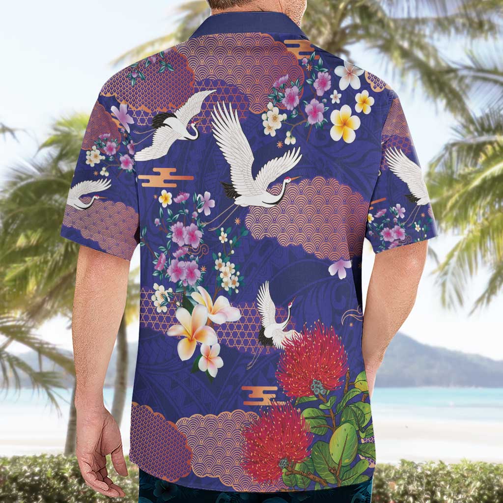 Hawaiian and Japanese Culture Together Hawaiian Shirt Blue Ohia Lehua Plumeria and Sakura Blooming - Polynesian Pride