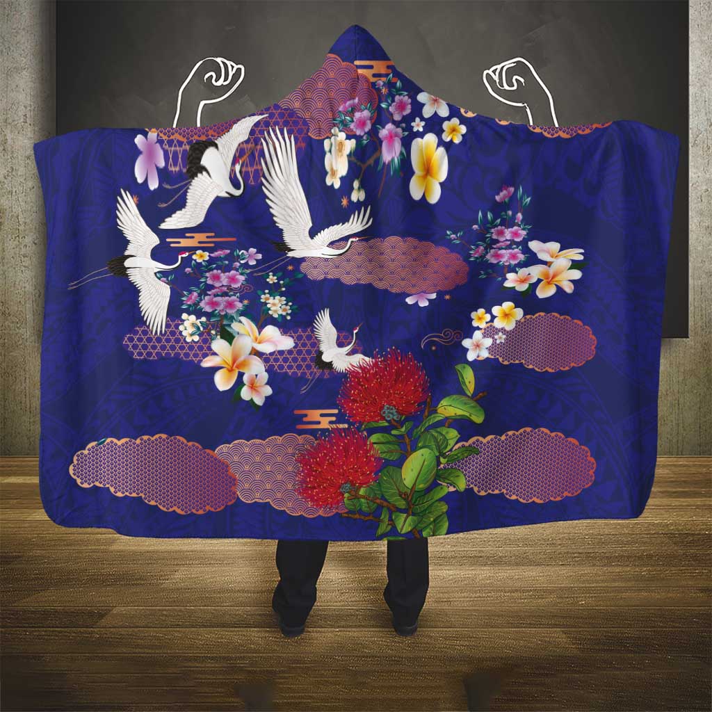 Hawaiian and Japanese Culture Together Hooded Blanket Blue Ohia Lehua Plumeria and Sakura Blooming - Polynesian Pride