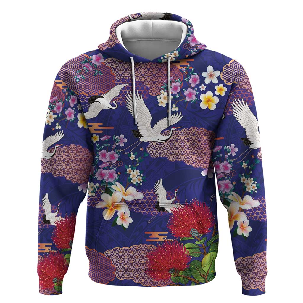 Hawaiian and Japanese Culture Together Hoodie Blue Ohia Lehua Plumeria and Sakura Blooming - Polynesian Pride