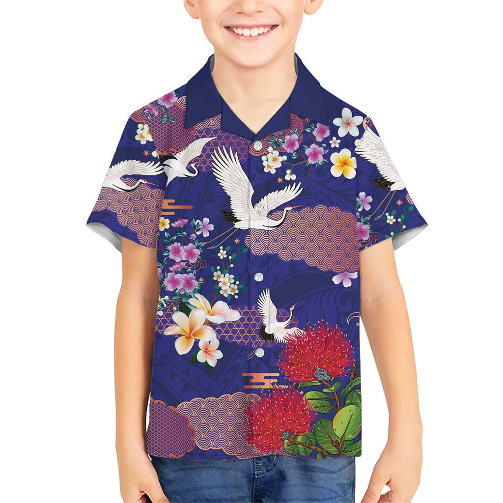 Hawaiian and Japanese Culture Together Kid Hawaiian Shirt Blue Ohia Lehua Plumeria and Sakura Blooming - Polynesian Pride