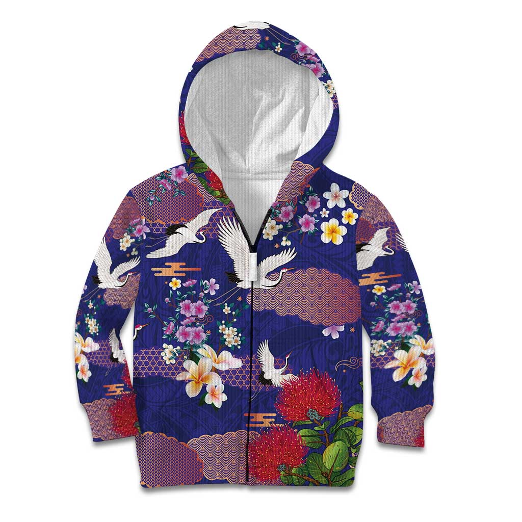 Hawaiian and Japanese Culture Together Kid Hoodie Blue Ohia Lehua Plumeria and Sakura Blooming - Polynesian Pride