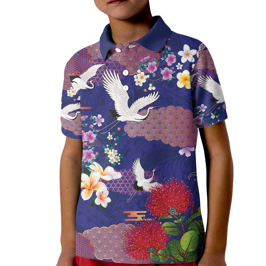 Hawaiian and Japanese Culture Together Kid Polo Shirt Blue Ohia Lehua Plumeria and Sakura Blooming - Polynesian Pride