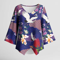Hawaiian and Japanese Culture Together Kimono Sleeve Blouse Blue Ohia Lehua Plumeria and Sakura Blooming - Polynesian Pride