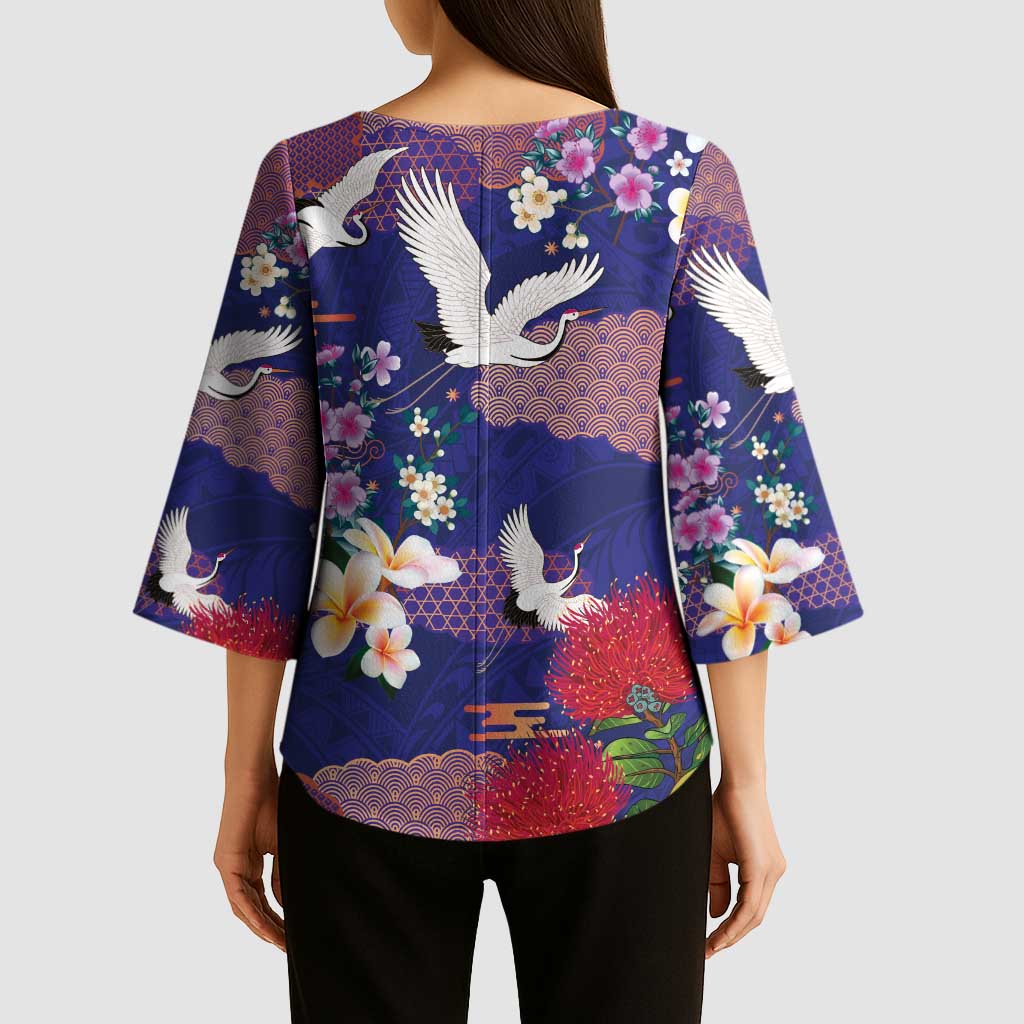 Hawaiian and Japanese Culture Together Kimono Sleeve Blouse Blue Ohia Lehua Plumeria and Sakura Blooming - Polynesian Pride