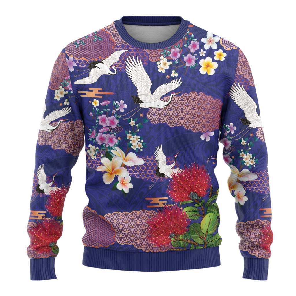 Hawaiian and Japanese Culture Together Ugly Christmas Sweater Blue Ohia Lehua Plumeria and Sakura Blooming - Polynesian Pride