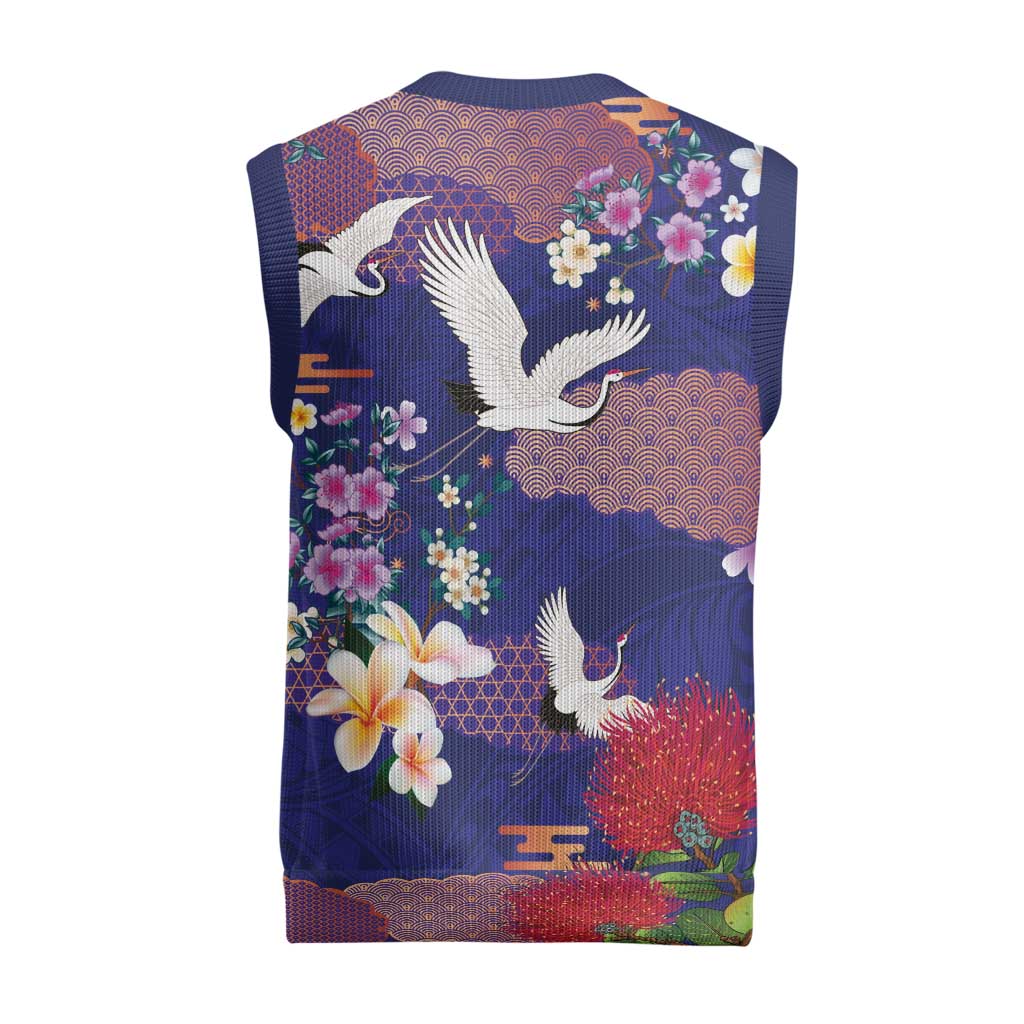 Hawaiian and Japanese Culture Together Christmas Knitted V-Neck Vest Blue Ohia Lehua Plumeria and Sakura Blooming - Polynesian Pride