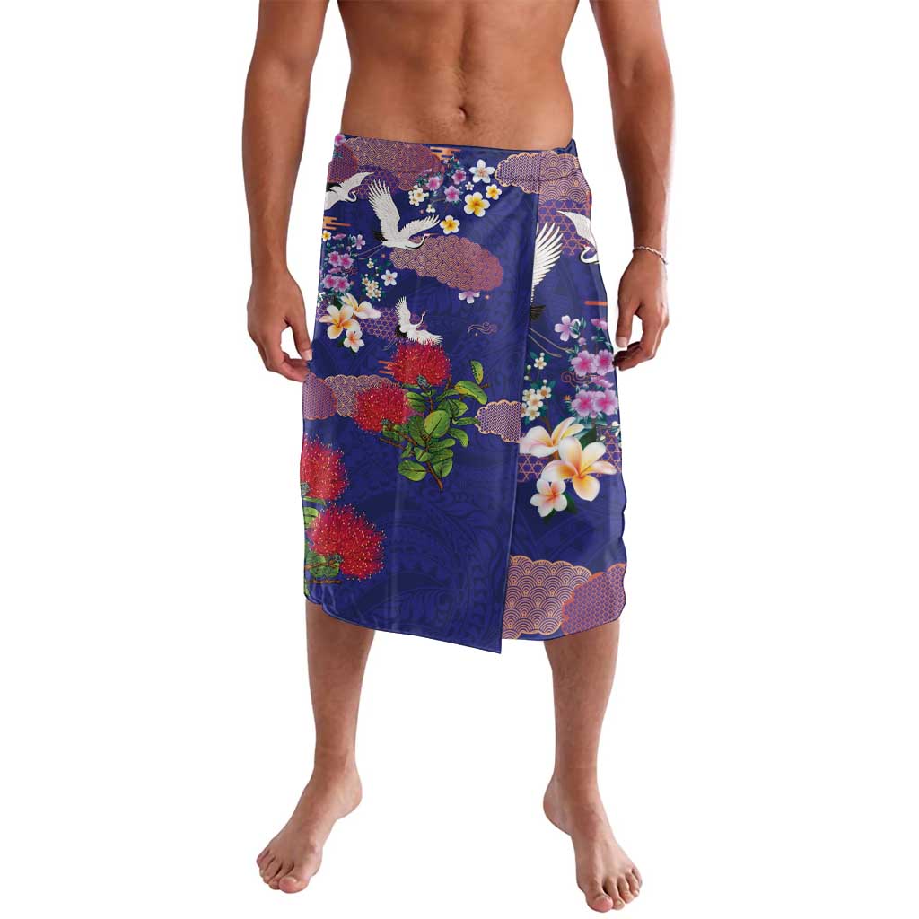 Hawaiian and Japanese Culture Together Lavalava Blue Ohia Lehua Plumeria and Sakura Blooming - Polynesian Pride