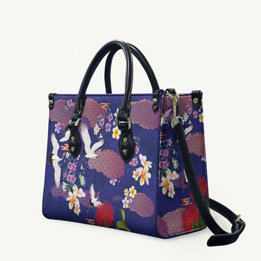 Hawaiian and Japanese Culture Together Leather Bag Blue Ohia Lehua Plumeria and Sakura Blooming - Polynesian Pride