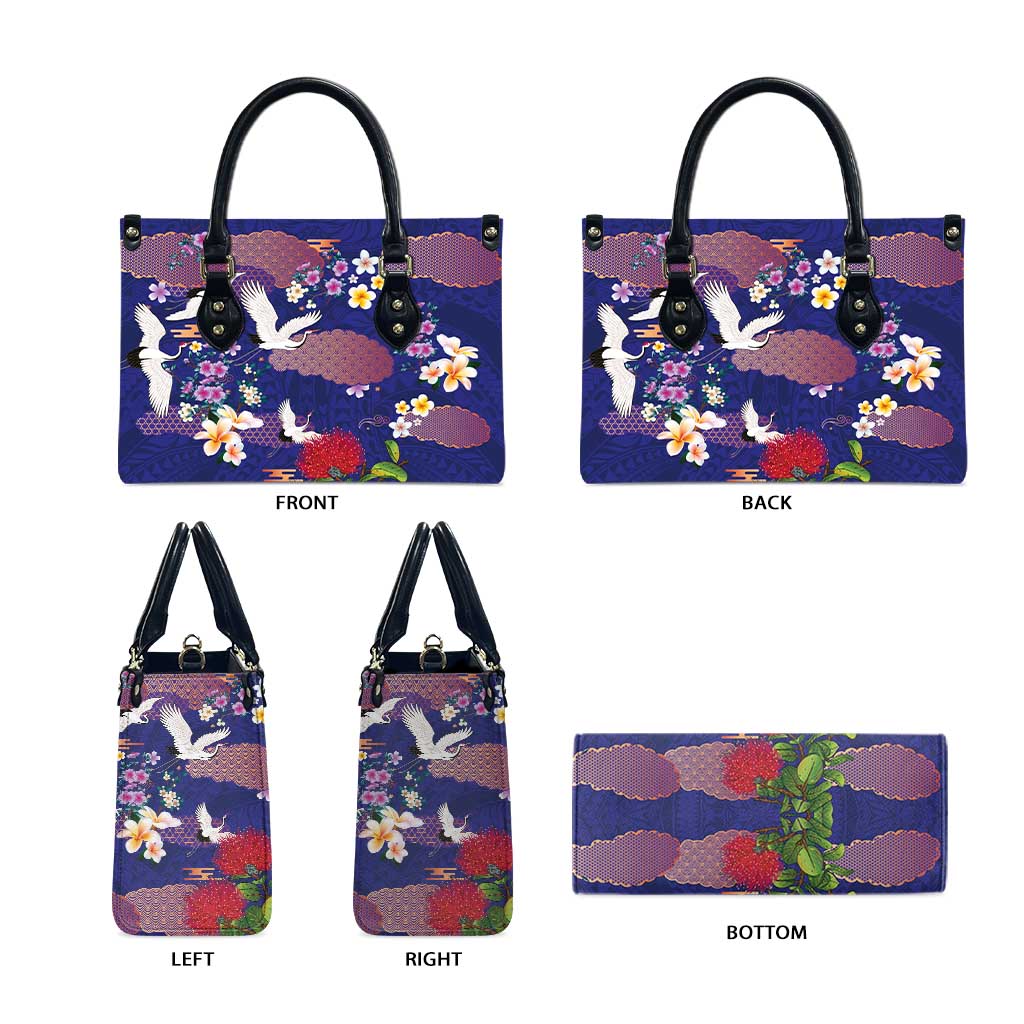 Hawaiian and Japanese Culture Together Leather Bag Blue Ohia Lehua Plumeria and Sakura Blooming - Polynesian Pride