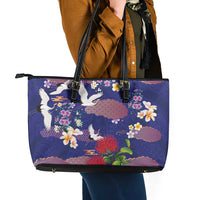 Hawaiian and Japanese Culture Together Leather Tote Bag Blue Ohia Lehua Plumeria and Sakura Blooming - Polynesian Pride