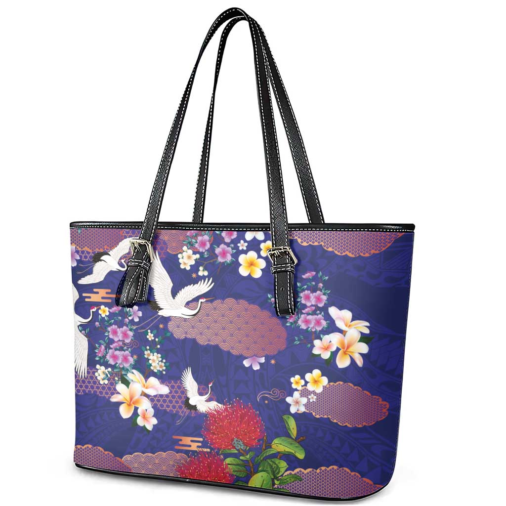 Hawaiian and Japanese Culture Together Leather Tote Bag Blue Ohia Lehua Plumeria and Sakura Blooming - Polynesian Pride