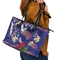 Hawaiian and Japanese Culture Together Leather Tote Bag Blue Ohia Lehua Plumeria and Sakura Blooming - Polynesian Pride