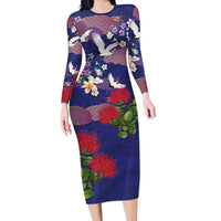 Hawaiian and Japanese Culture Together Long Sleeve Bodycon Dress Blue Ohia Lehua Plumeria and Sakura Blooming LT03 Long Dress Blue - Polynesian Pride