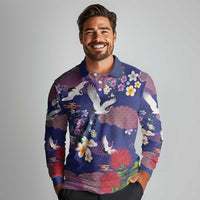 Hawaiian and Japanese Culture Together Long Sleeve Polo Shirt Blue Ohia Lehua Plumeria and Sakura Blooming - Polynesian Pride