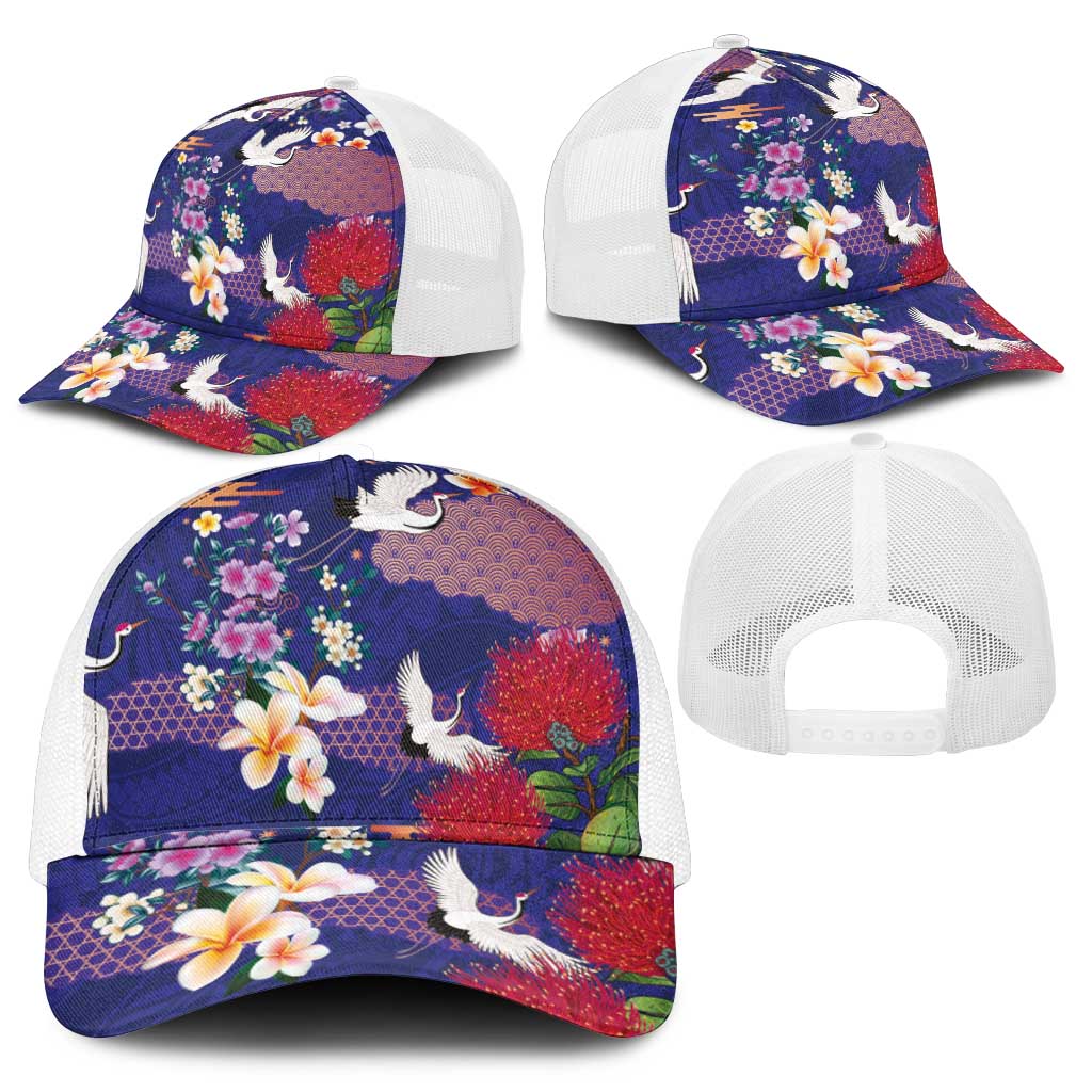 Hawaiian and Japanese Culture Together Mesh Trucker Cap Blue Ohia Lehua Plumeria and Sakura Blooming - Polynesian Pride