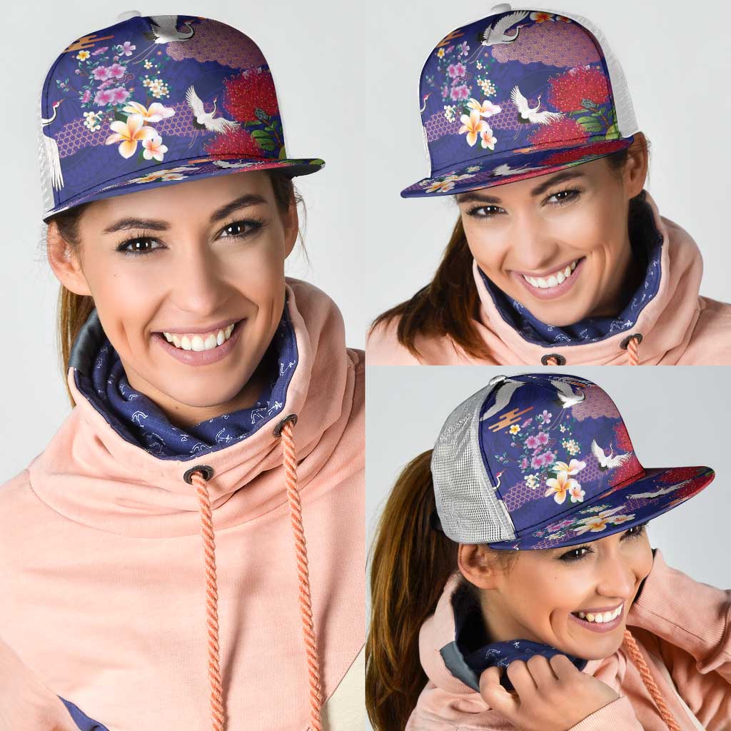 Hawaiian and Japanese Culture Together Mesh Trucker Cap Blue Ohia Lehua Plumeria and Sakura Blooming - Polynesian Pride