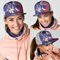 Hawaiian and Japanese Culture Together Mesh Trucker Cap Blue Ohia Lehua Plumeria and Sakura Blooming - Polynesian Pride