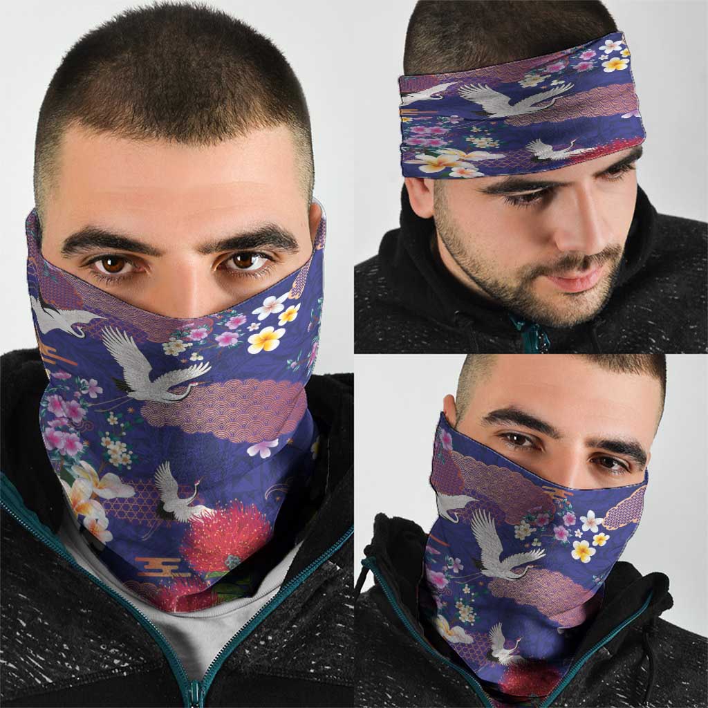 Hawaiian and Japanese Culture Together Neck Gaiter Blue Ohia Lehua Plumeria and Sakura Blooming - Polynesian Pride